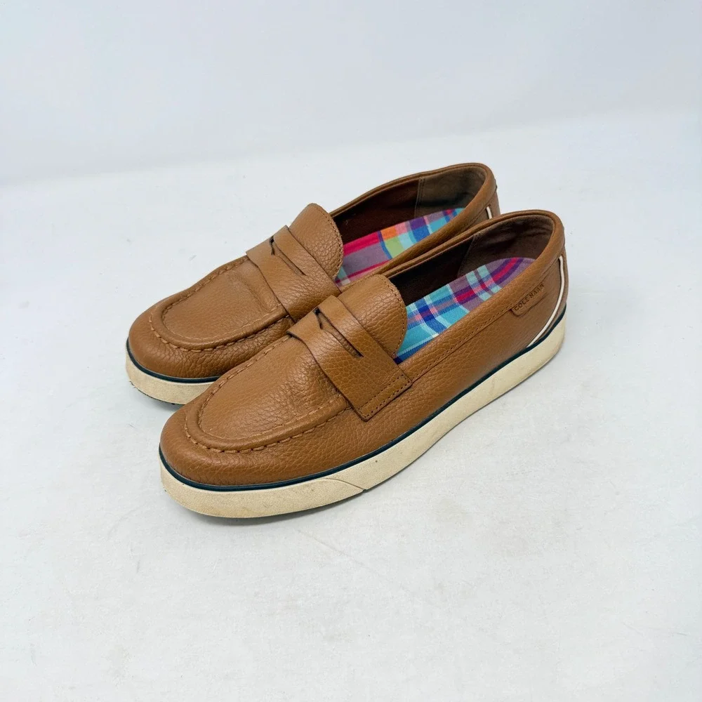 Cole Haan Penny Loafer Sneakers Tan Brown 8B Pebbled Leather Preppy‎ Old Money